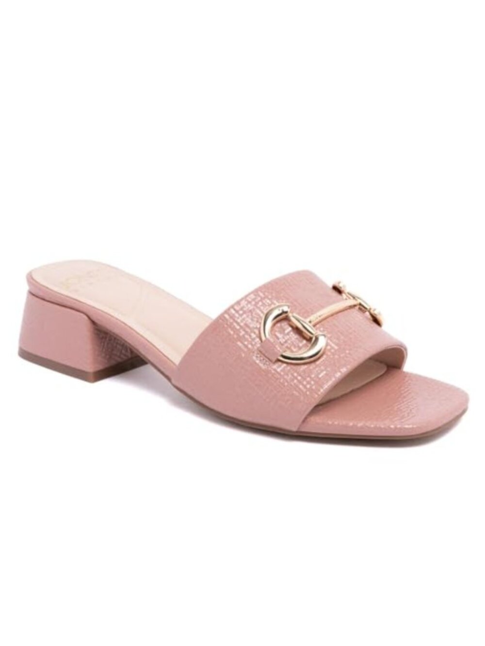 Faux Leather Slide Sandals with Gold Hardware Block Heel Square Toe